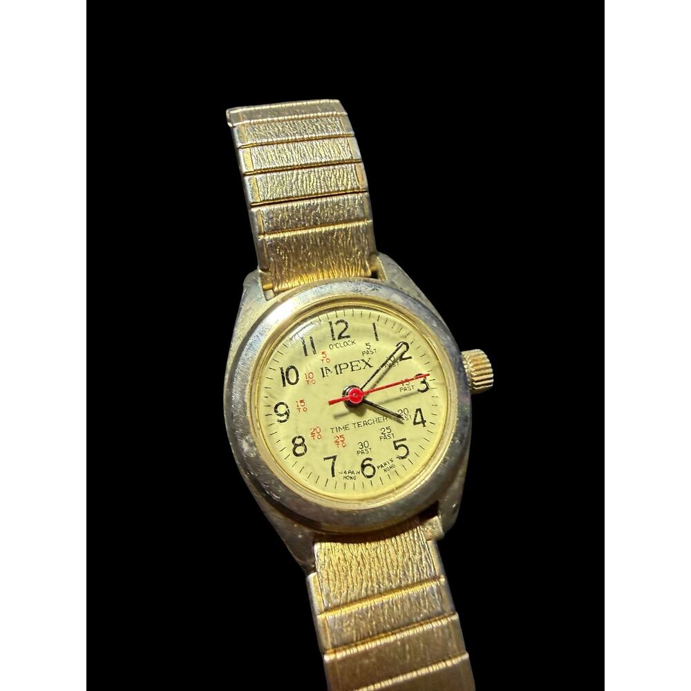 Vintage IMPEX Time Teacher Gold Tone Women's Watch Stretch Band Hong Kong